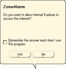 Figura 16 ZoneAlarm si è accorto che un programma sta cercando di accedere a Internet, e ci chiede se l'operazione deve essere permessa o no