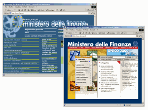 Figura 24 La vecchia e la nuova (in basso a destra) home page del Ministero delle Finanze. L'Italia è stato uno dei primi paesi al mondo a consentire l'invio della dichiarazione dei redditi via Internet